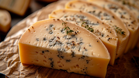 Cheese collection, pieces of French gorgonzola cheese with thyme close upの素材