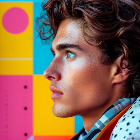 Close-up portrait of a young man with curly hair on a colorful backgroundの素材