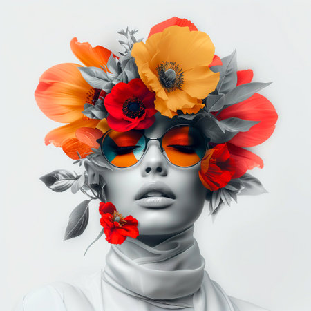 Fashion portrait of beautiful woman with flowers in hair. Perfect make up.の素材