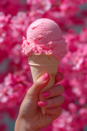 Ice cream cone in female hand with pink manicure and pink flowers backgroundの素材