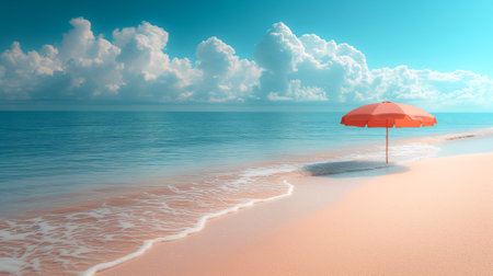 Beautiful tropical beach with red umbrella on the sand. 3d renderingの素材
