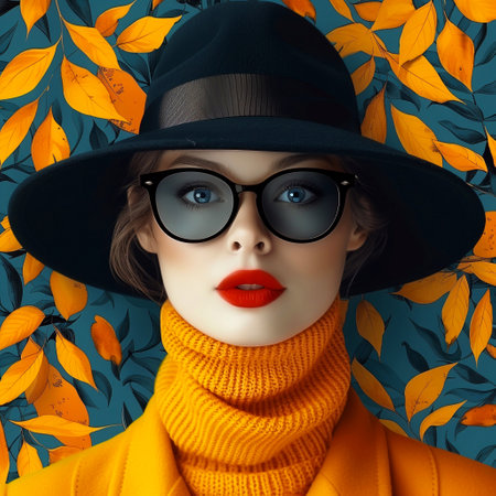Fashionable woman in hat and sunglasses over autumn leaves background.の素材