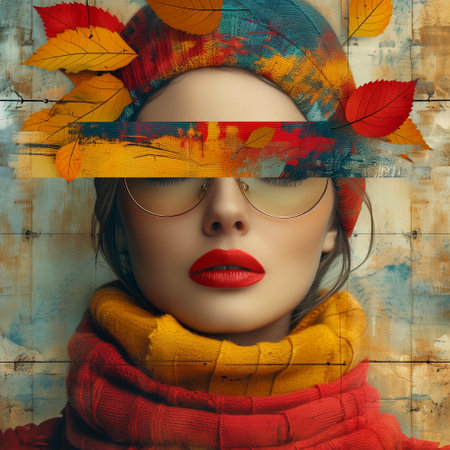 Autumn portrait of beautiful young woman in hat, scarf and eyeglasses.の素材