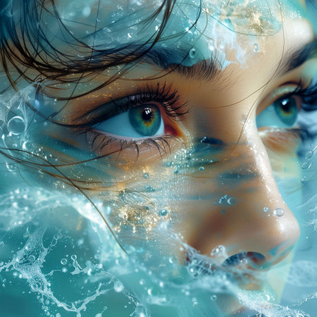 Beautiful woman face combined with water drops. 3D rendering.の素材