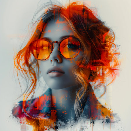 Portrait of beautiful young woman with red hair and stylish sunglasses.の素材