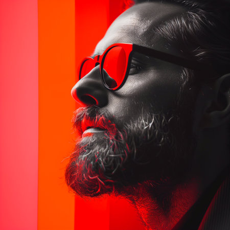 Bearded man, long beard, brutal caucasian hipster with moustache in red sunglasses on red studio backgroundの素材