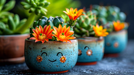 Cactus and succulents in ceramic pots on dark background.の素材