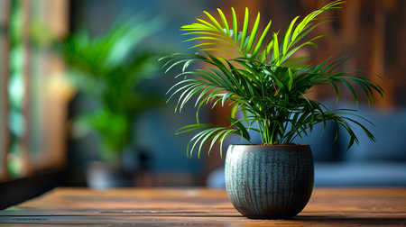 Houseplant in a pot on a wooden table in a cafe.の素材