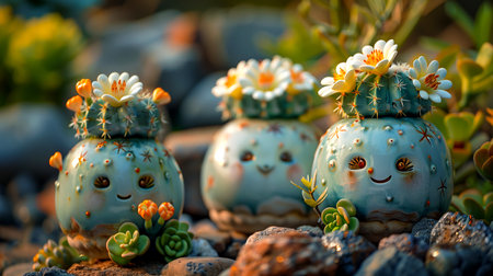 Cactus and succulents in pots on the pebble beachの素材