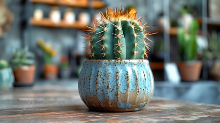 Cactus in pot on wooden table, closeup. Interior designの素材