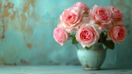 Bouquet of pink roses in a vase on a blue backgroundの素材