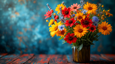 Bouquet of bright flowers in a vase on a wooden backgroundの素材
