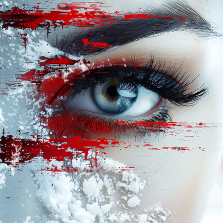 Beautiful female eye with red blood splashes on white background.の素材