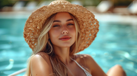 Beautiful young woman in swimsuit and straw hat relaxing in swimming poolの素材