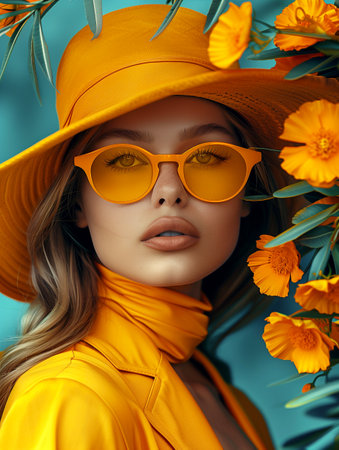 Fashionable young woman in a yellow hat and sunglasses. Beauty, fashion.の素材