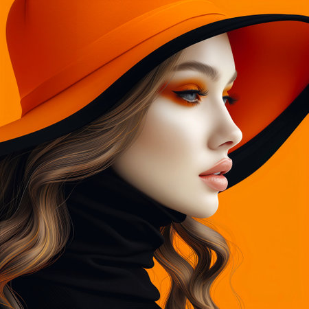 Fashion portrait of beautiful young woman in orange hat. 3d renderingの素材