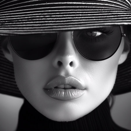 Fashion portrait of beautiful woman in hat and sunglasses. Black and white.の素材