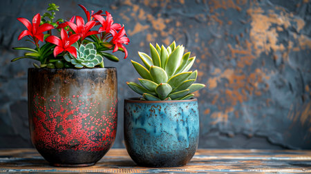 Beautiful succulent plants in ceramic pots on a dark background.の素材