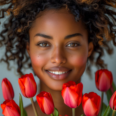beautiful african american woman with tulips, isolated on grayの素材