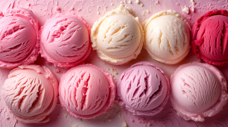 Scoops of ice cream on pink background, top view.の素材