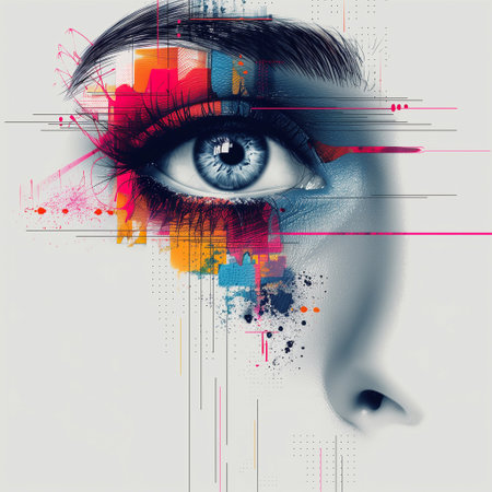 Beautiful female eye with graffiti on the face. Digital illustration.の素材