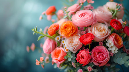 Bouquet of pink and orange roses on a blue background.の素材