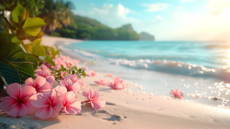 Beautiful pink hibiscus flowers on tropical beach with copy spaceの素材