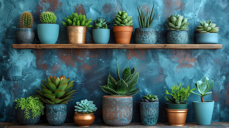 Beautiful succulent plants in pots on wooden shelf against color wallの素材