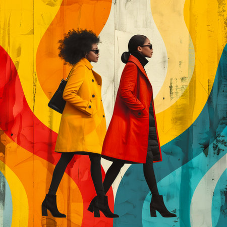 Fashionable african american women in bright coats and sunglasses.の素材
