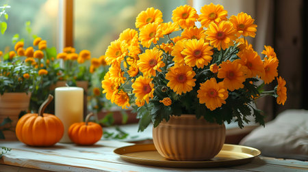 Beautiful autumn bouquet of chrysanthemums and pumpkins on windowsillの素材