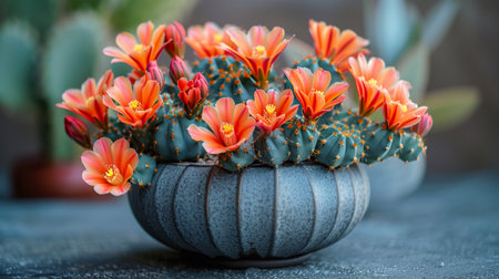 Beautiful cactus in flowerpot on wooden table, stock photoの素材