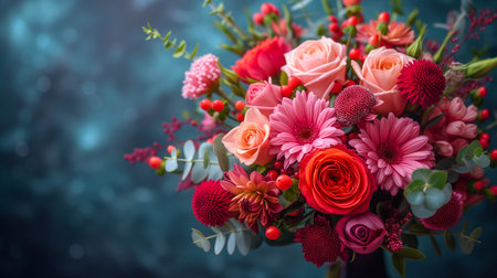 Beautiful bouquet of flowers on a dark blue background. Selective focus.の素材