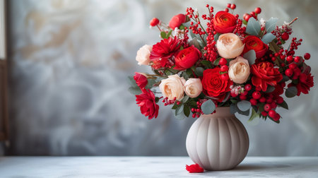 Bouquet of red and white roses in a vase on a gray backgroundの素材