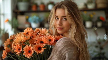 Beautiful young woman with bouquet of flowers in modern flower shopの素材