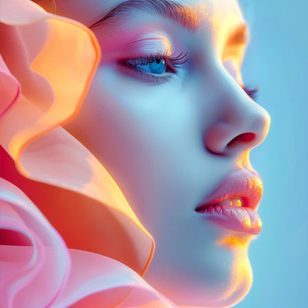 3d illustration of beautiful woman face with pink flower petals.の素材
