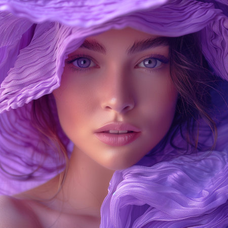 Portrait of a beautiful girl in a purple dress with a veilの素材