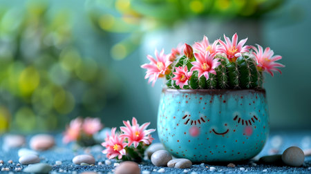 Cactus with pink flower in pot on stone and green bokeh backgroundの素材