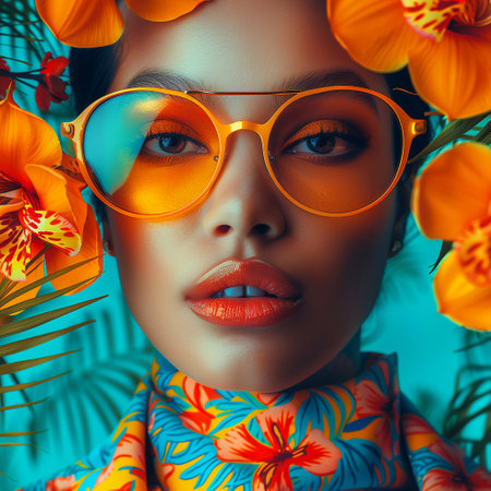 Fashion portrait of beautiful young woman with flowers and orange sunglasses.の素材