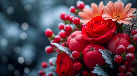 Bouquet of red roses with snowflakes, closeupの素材