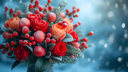 Bouquet of red roses in vase on blue bokeh backgroundの素材