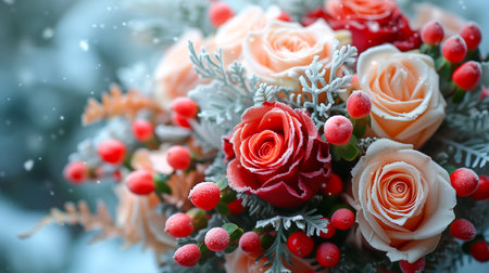 Beautiful bouquet of roses and fir branches on blurred background, closeupの素材