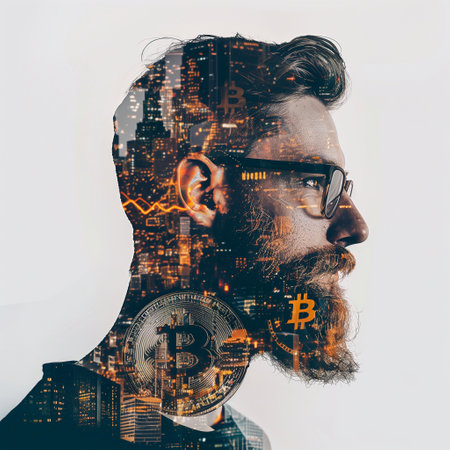 Side view of bearded European man in eyeglasses and bitcoin symbol. Double exposureの素材