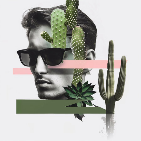Contemporary art collage with cactuses and man in sunglassesの素材