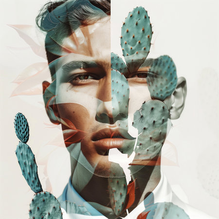 Collage of cactuses and man face. Double exposure.の素材