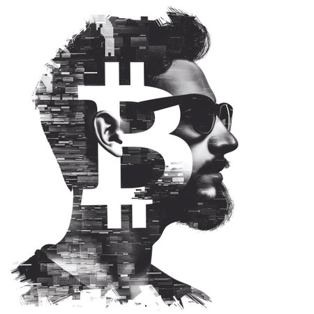 Double exposure portrait of a man combined with a digital illustration of a bitcoin symbol.の素材