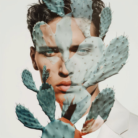 Portrait of a young man with prickly pearls on his faceの素材