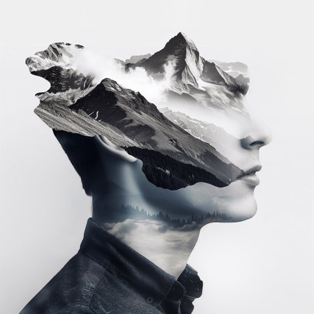 Double exposure portrait of a man combined with a digital image of a mountain landscapeの素材