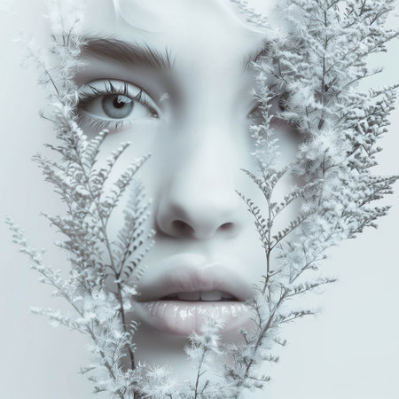 Beautiful young woman with winter flowers in her hair. Beauty face.の素材