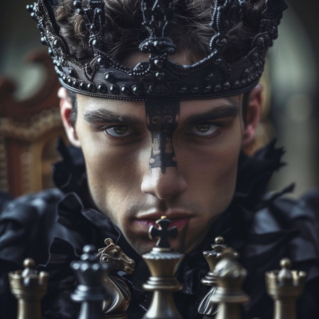 Portrait of a medieval king with chess pieces in his hands.の素材