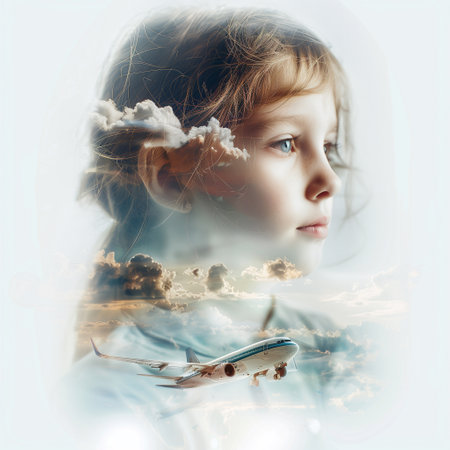 Little girl looking at airplane model flying through the clouds. Mixed mediaの素材